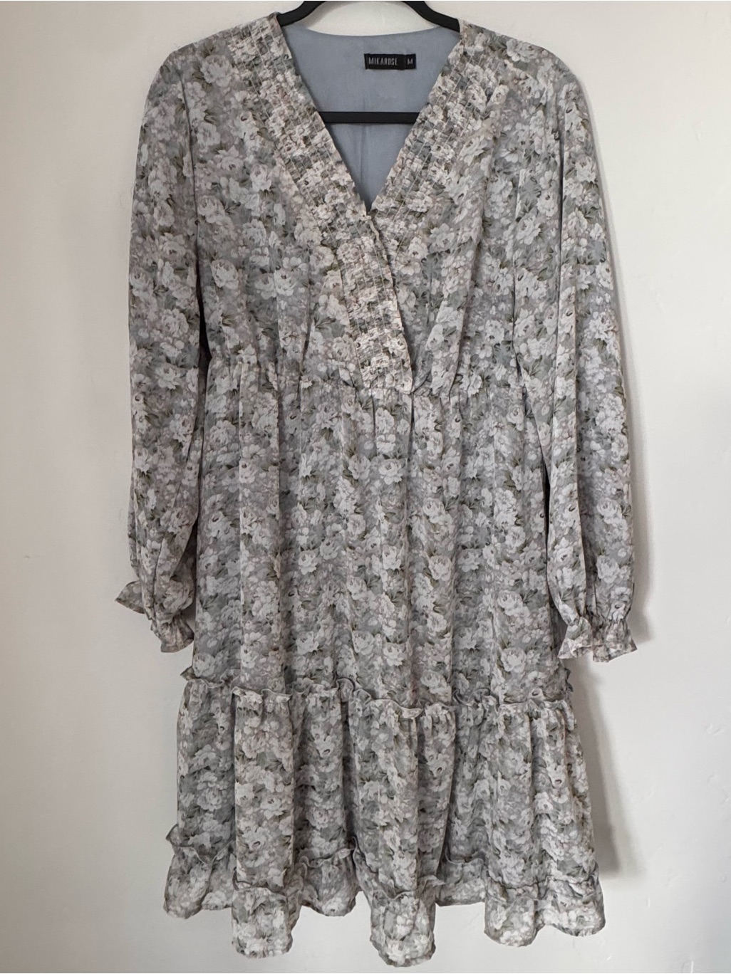 Mikarose Grey Floral Long Sleeve Smocked Tiered Midi Dress Modest Medium M